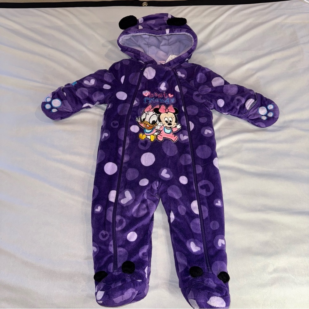 Disney Footie Baby Minnie Daisy Purple Polka Dot Hearts Bunting Bag Sz 6/12 Mo